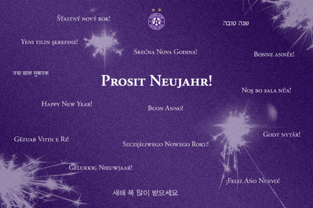 Prosit Neujahr in vielen Sprachen auf violettem Grund