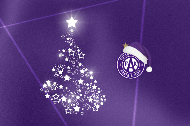 Abstrakter Christbaum aus weißen Sternen und das Austria-Logo mit Weihnachtsmütze auf violettem Grund