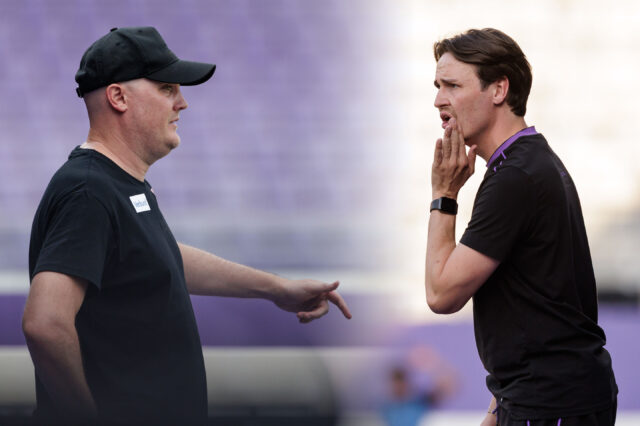 Frauen-Trainer Stefan Kenesei und Young-Violets-Coach Max Uhlig in der Generali-Arena